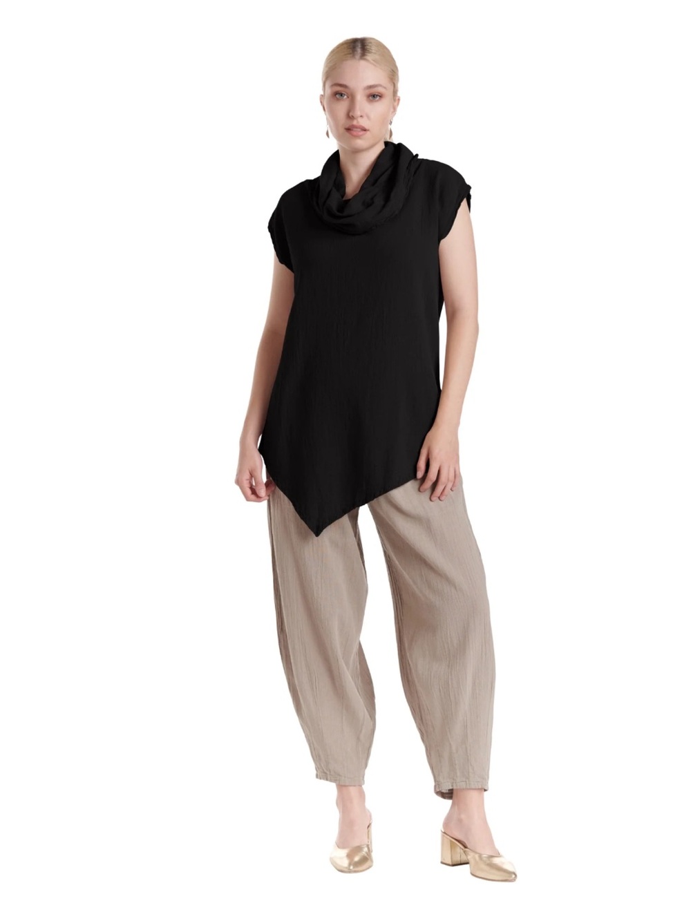 Oh My Gauze! Jenn Cowl Neck Cotton Lagenlook Top Blouse Black Size 3 (L/XL)